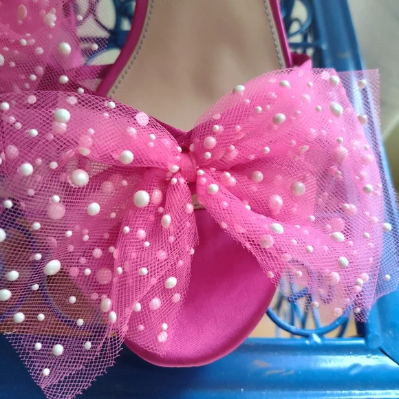 Betsey Johnson Hot Pink Tulle Bow Slingback Heels peep toe - Picture 4 of 16